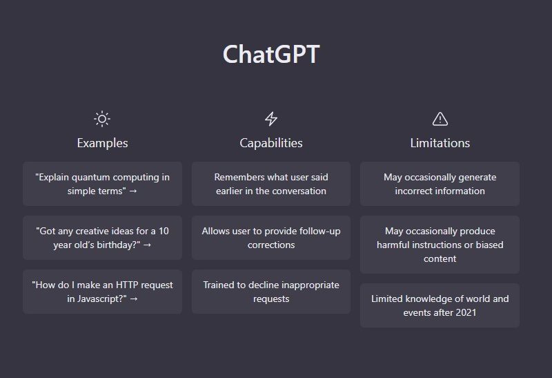 تصویر اول سایت هوش مصنوعی چت جی پی تی ( ChatGPT ) یک بات مکالمه است https://chat.openai.com