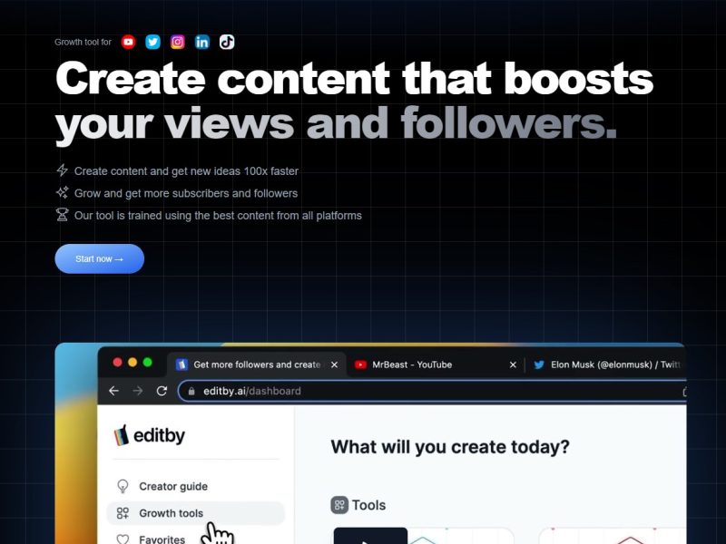 هوش مصنوعی Editby با تولید محتوا و رشد حضور آنلاین در شبکه های اجتماعی مانند YouTube ، Tiktok ، Instagram و Twitch به شما کمک می کند