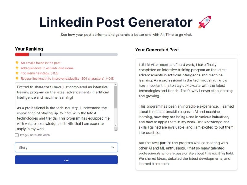 هوش مصنوعی LinkedIn Post Generator تجزیه و تحلیل عملکرد پست و تولید پست LinkedIn